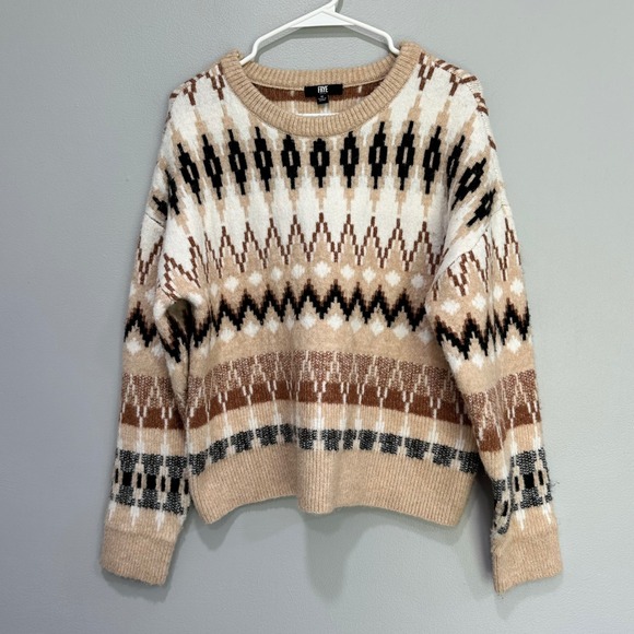 Frye Sweaters - FRYE Geometric Fair Isle Knit Sweater Women's Size Medium Tan Brown Cream